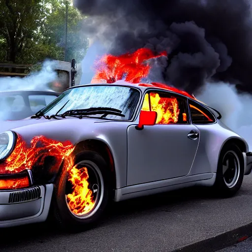 Image similar to porsche 911 time traveling in back 2 the future. burning trail of flames on the street. 88miles per hour