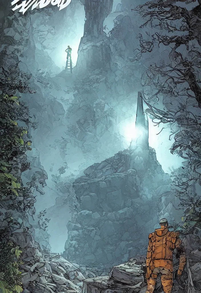 Image similar to A comic book cover of an android soldier with back to the camera, in a forest made of crystal, looking across a vast chasm and old rope bridge. On the mountain facing him is a crystal temple with a tower glowing in the fog