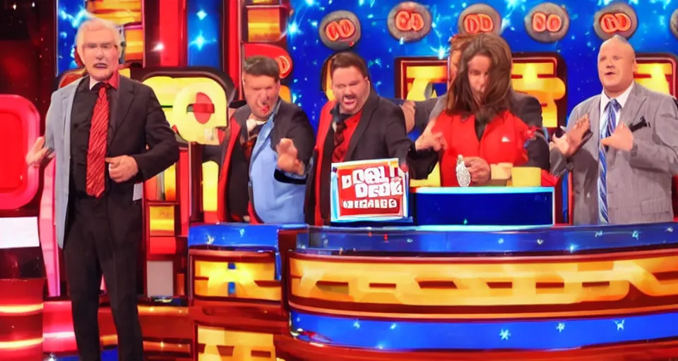 Prompt: deal or no deal game show, contestant opens briefcase and finds a hamburger