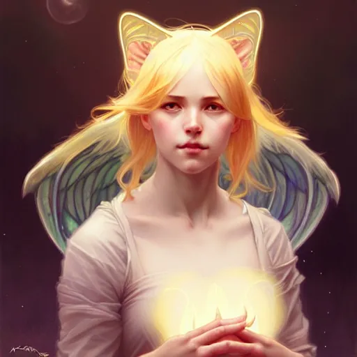 Image similar to Portrait of a girl angel with blonde hair, cat ears, glowing halo, wings, fantasy, intricate, elegant, highly detailed, digital painting, artstation, concept art, smooth, sharp focus, illustration, art by Krenz Cushart and Artem Demura and alphonse mucha