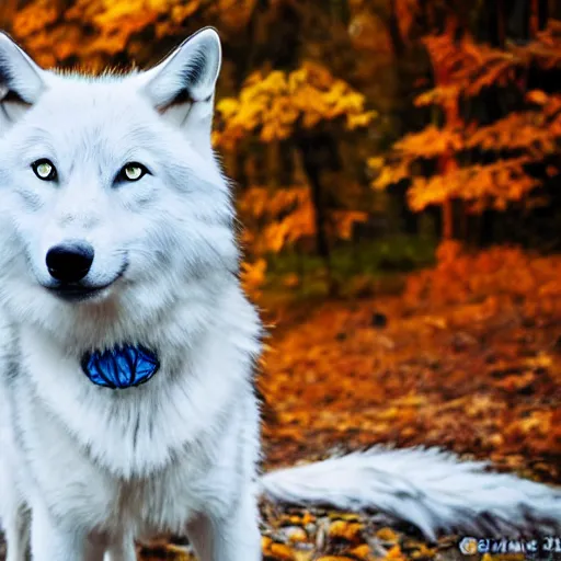 Image similar to white wolf with blue eyes, in the autumn forest, realistic, 8 к, fullbody photo