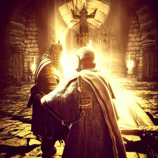 Image similar to a priest blessing a paladin, dark souls 3 aesthetic