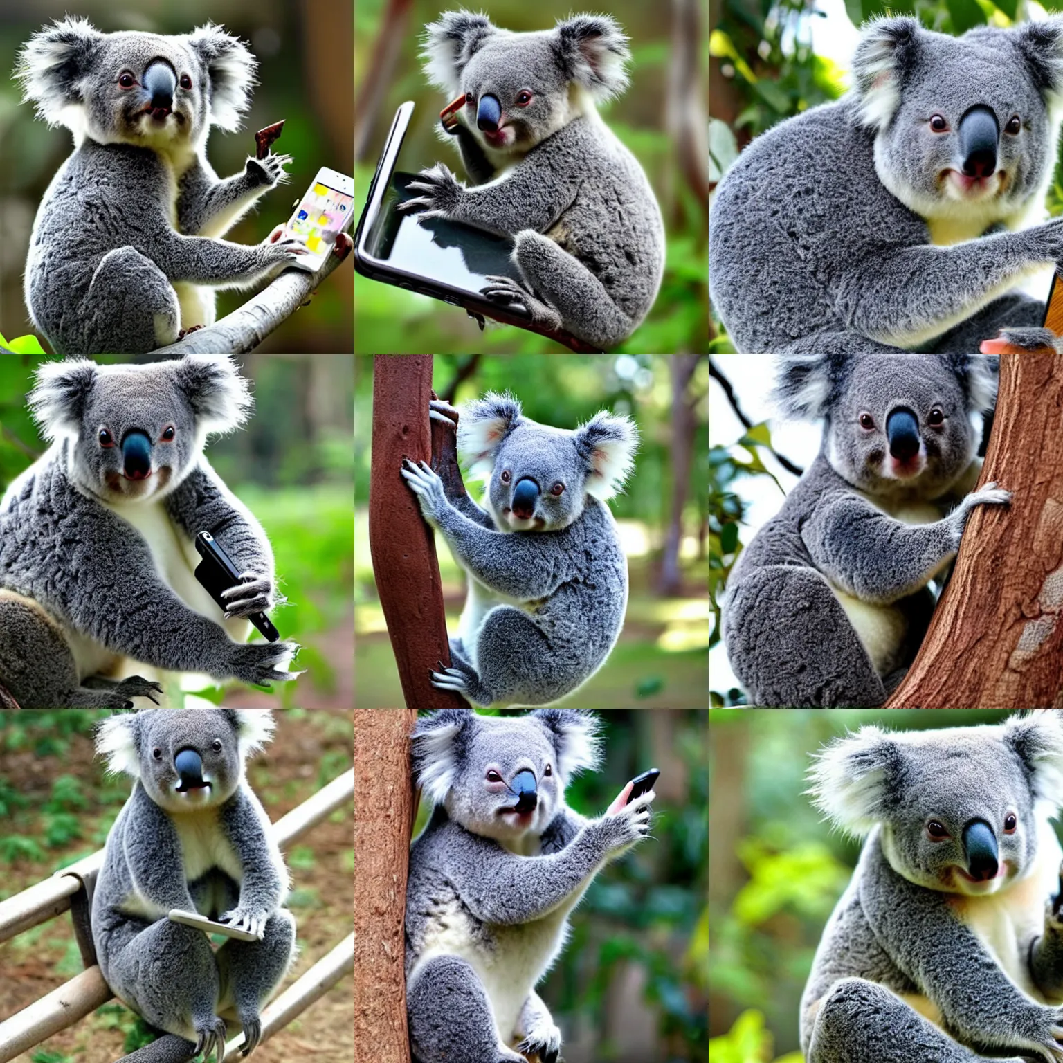 Prompt: a cute koala using mobile phone