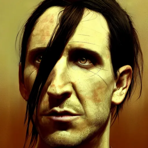 Image similar to young and handsome trent reznor as a zombie with shoulder length hair, 7 days to die zombie, realistic proportions, fine art, award winning, intricate, elegant, sharp focus, cinematic lighting, digital painting, 8 k concept art, art by brom, art by guweiz and z. w. gu, art by michael hussar, 8 k