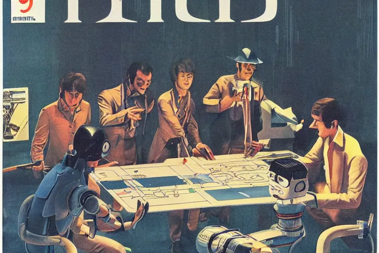 Image similar to 1979 OMNI Magazine Cover of an underground meeting around a table. On the table are blueprints of a robot. Location in neo-Tokyo in cyberpunk style by Vincent Di Fate