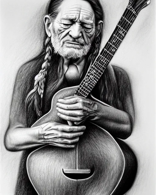 Prompt: a photorealistic portrait of willie nelson hugging his guitar, in the style of salvador dali, pencil drawing, hyperrealist