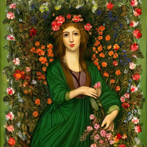 Image similar to portrait of the goddess of nature dressed in a green dress surrounded by flowers and nature