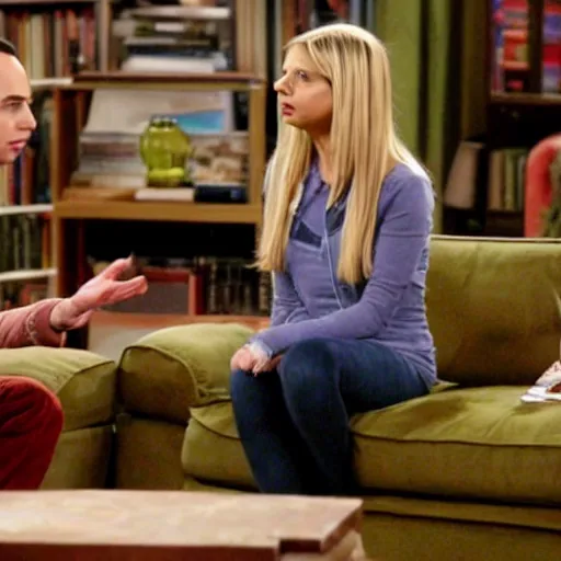 Image similar to a still from The Big Bang Theory of Sarah Michelle Gellar talking to Sheldon Cooper in his living room