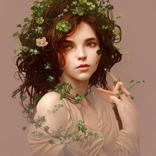 Image similar to A gorgeous young woman plant hybrid, vine and plants and flowers, intricate, digital painting, highly detailed, concept art, Artstation, Cgsociety, Artgerm, Alphonse Mucha, Wlop, cinematic lighting, sharp focus