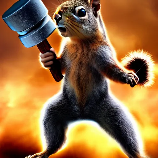 Image similar to the squirrel thor ~ holding his hammer ~ dramatic thunder background ~ fighting scene ~