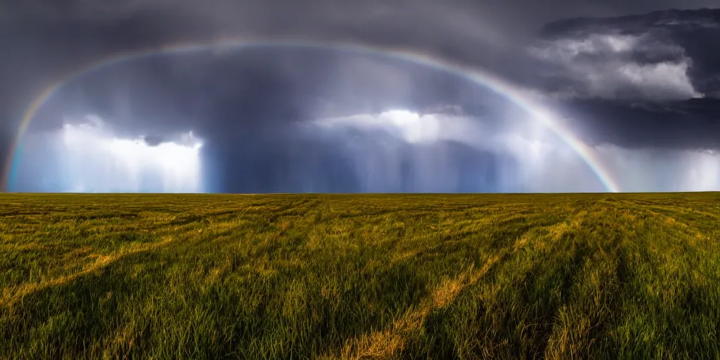 Image similar to detailed fields nature, super storm, full rainbow, impressive, atmospheric, god rays, cinematic, deep colors, deep blue, very high complexity, stunning, masterpiece, 3 5 mm, very detailed. 4 k