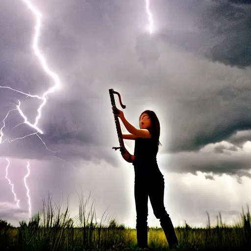 Image similar to young girl playing flute, birch forest clearing, storm at night, lightning dragons race down toward her, low angle facing sky, cinematic, dramatic lighting, big storm clouds, high contrast