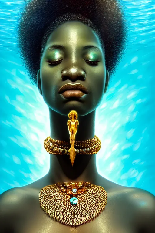 Prompt: hyperrealistic full body very expressive! translucent african goddess, cinematic underwater scene, gold jewerly, highly detailed face, digital art masterpiece, smooth eric zener cam de leon, dramatic pearlescent turquoise light on one side, low angle uhd 8 k, shallow depth of field