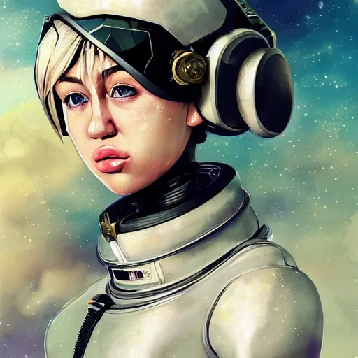 Prompt: highly detailed portrait of a miley cyrus astronaut with a wavy hair, by Dustin Nguyen, Akihiko Yoshida, Greg Tocchini, Greg Rutkowski, Cliff Chiang, 4k resolution, nier:automata inspired, bravely default inspired, vibrant but dreary gold, silver, opal, black and white color scheme!!! ((Space nebula background))