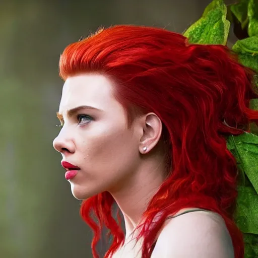 Image similar to stunning awe inspiring scarlett johansen as poison ivy, movie still 8 k hdr atmospheric lighting