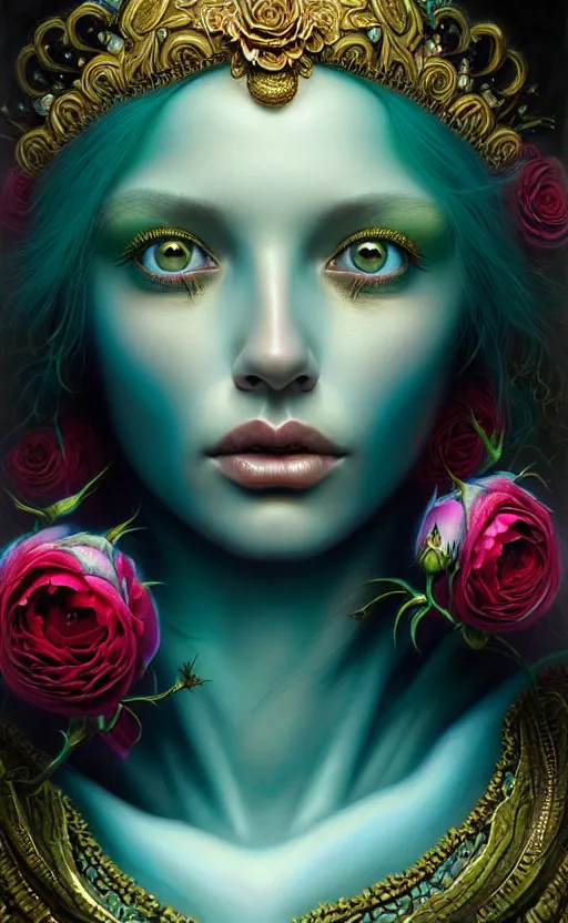 Image similar to portrait of a beautiful rose goddess, unusual beauty, esoteric, outher worldly colours, head in focus, fantasy art, ornamental rose turquoise aesthetics,, intricate, elegant, highly detailed hyperrealistic painting, artstation, concept art, painterly, golden ratio, sharp focus, illustration, art by tomasz alen kopera