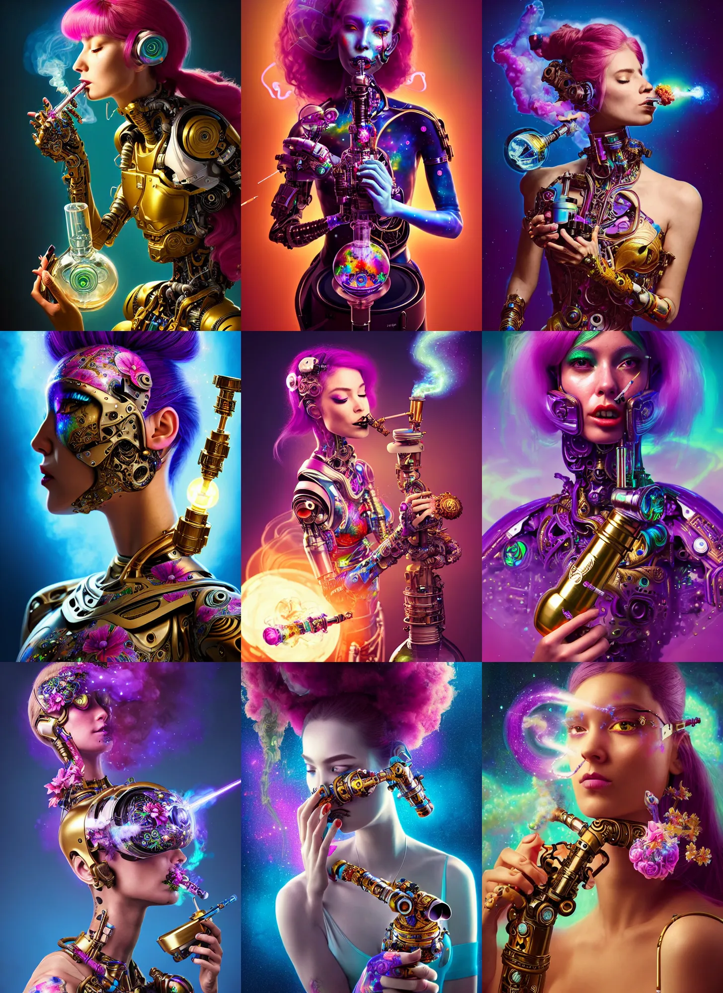 Prompt: polished lush galactic ornate floral edm cyborg woman smoking a bong : : weta disney pixar movie still photo : : hi - fructose, sci fi, decadent highly - detailed digital painting, golden ratio, octane render, artstation, smooth, sharp focus, artgerm mucha, loish, wlop : :