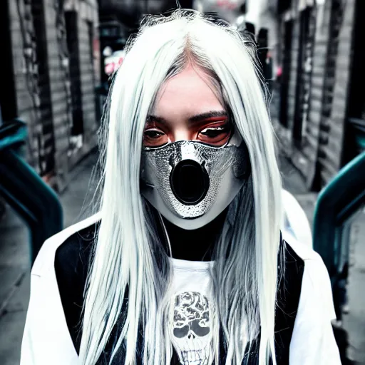 Prompt: very cool girl brilliant silver hair girl with a skull shaped ballistic face mask streetwear techwear cyberpunk style outfit full body nose piercing detailed portrait intricate comp