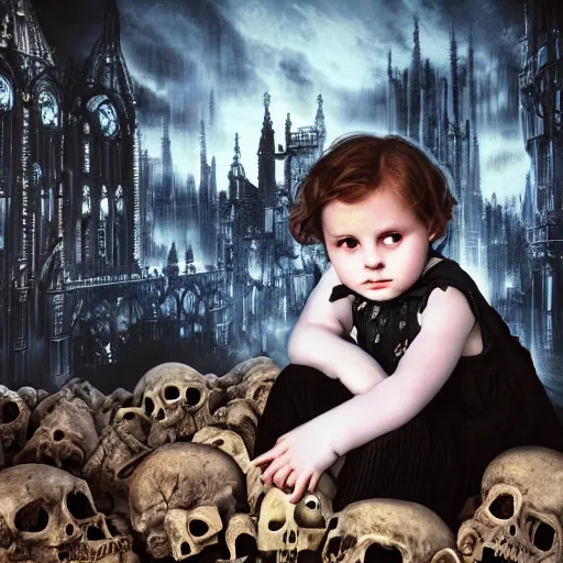 Prompt: a color photo of young sad victorian gothic child with big eyes and wide grin sitting on a sofa of bones surrounded by a cyber futuristic cityscape made of human body parts, ultra detailed, 8 k resolution, beautiful lighting, expansive detailed layered city, landscape, sigma 8 5 mm, award winning photography