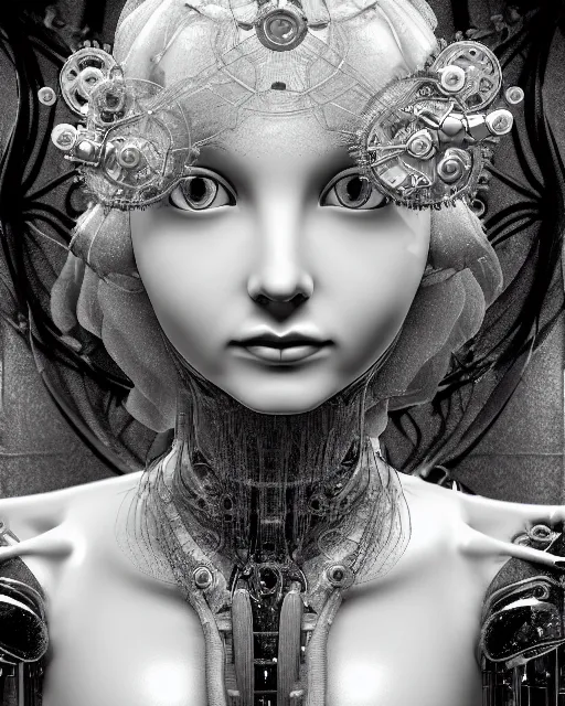 Image similar to mythical dreamy black and white organic translucent bio-mechanical spinal ribbed profile face portrait detail of mechanical beautiful female angelic-snowy-human-doll, highly detailed, intricate crystal jelly steampunk ornate, poetic, 3D render, digital art, octane render, 8K artistic photography, photo-realistic, by Dora Maar