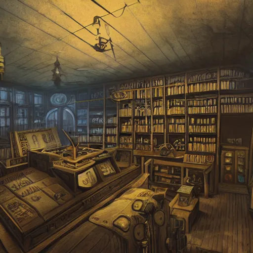 Image similar to steampunk oceanographer study, maps crowding the walls, bookshelves, paintings of ocean topography, sonar equipment, marine biologist lab, bookshelves, incandescent lighting, unreal engine, bibliopunk