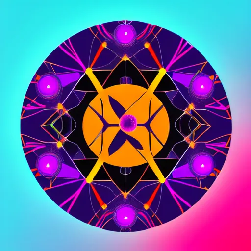 Image similar to a logo design based on hydrogen electron orbitals, radial symmetry, simplistic, orange and purple color scheme