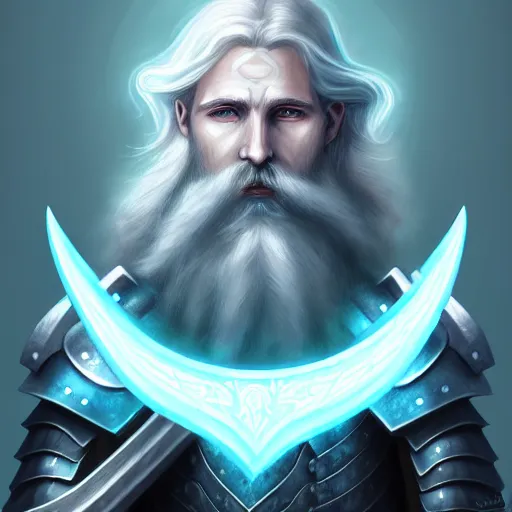 Prompt: Portrait of an Aasimar Paladin-Druid with glowing blue eyes, pale grey skin, silver full beard, and silver hair. He has a sword and wears moss covered full plate armor. Epic fantasy art, sharp, award winning on Artstation, 4k HD.