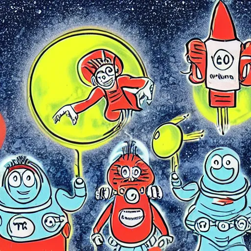 Image similar to group of aliens on moon in dr. suess style