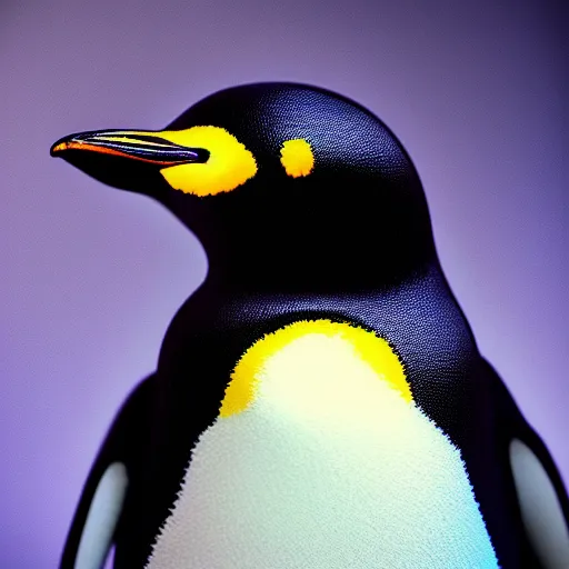 Prompt: portrait photo of a penguin as a jedi, blue and yellow lighting, dark, cinematic, high quality, 4 k