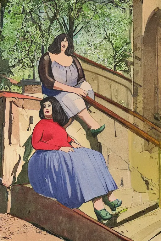 Image similar to plus - sized woman sitting on the stairs of a medieval building, summer, nature, natural light, forest setting, 1 9 6 0 s art, neo - renaissance, pop art, mixed media, by tom wesselman, by mel ramos, by martial raysse, by antonello de messina, by jim silke