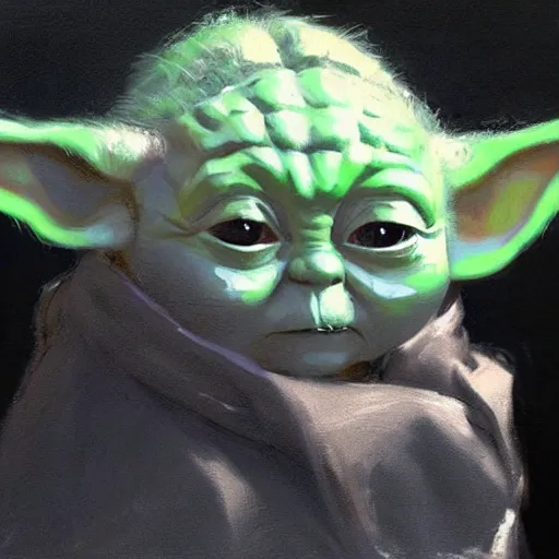 Prompt: portrait of sad baby yoda, artwork by guy denning and charlie bowater,