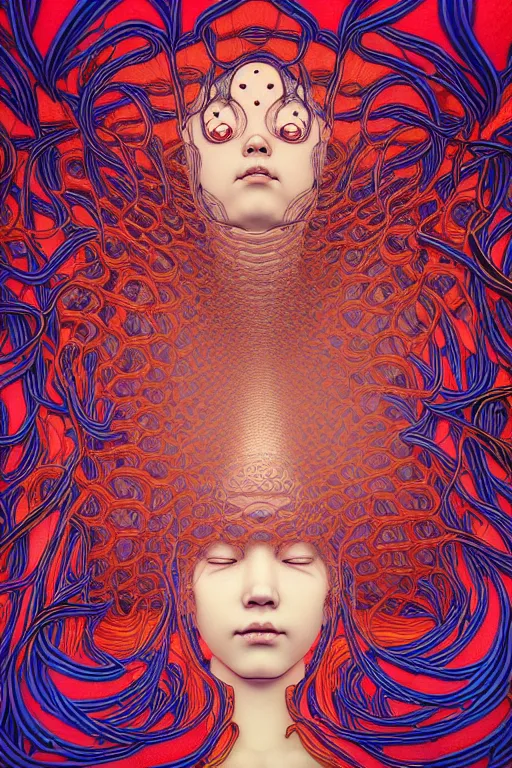 Image similar to realistic detailed image of women floating in a padded room, conjuring psychedelic background, part by takato yamamoto, part by alex gray, ross tran, james jean, ultra realistic, octane render, highly detailed, 8 k, trending on artstation, cosmic, symmetry, masterpiece