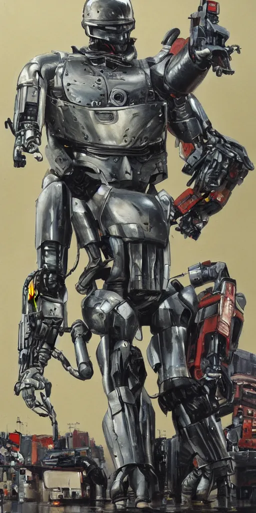 Image similar to oil painting scene from Robocop movie art by kim jung gi