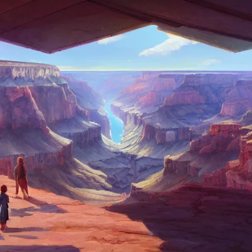 Image similar to concept art painting of a wide grand canyon with ocean inside, giant river, with unfinished bridge under construction, realistic, detailed, cel shaded, in the style of makoto shinkai and greg rutkowski and james gurney