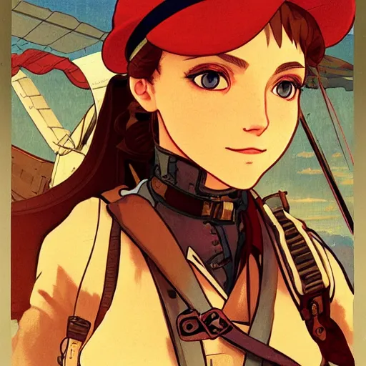 Prompt: Portrait of annasophia robb as an airship mechanic, steampunk, defined facial features, highly detailed, artstation, official artbook, official Kyoto Animation and Studio Ghibli anime screenshot, by Ilya Kuvshinov and Alphonse Mucha