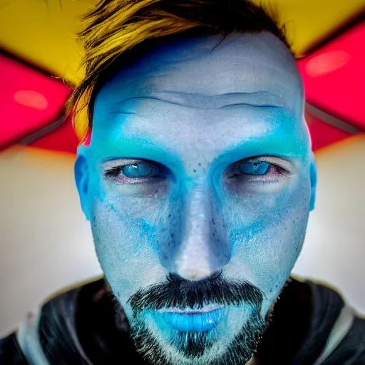 Image similar to fish eye lens close up photograph of a man with blue skin and a goatee side eyeing the camera with a sympathetic look