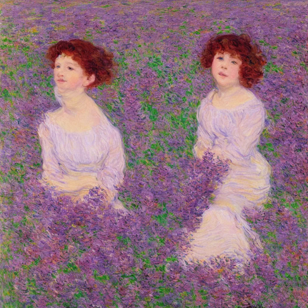 Prompt: portrait of cute girl with short curly red hair sitting in a field of lilac flowers, Monet painting