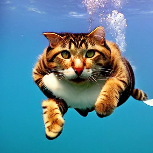 Prompt: Dreamt in `4.87s` for `!dream a cat scuba diving in a huge lake, National Geographic, beautiful masterpiece