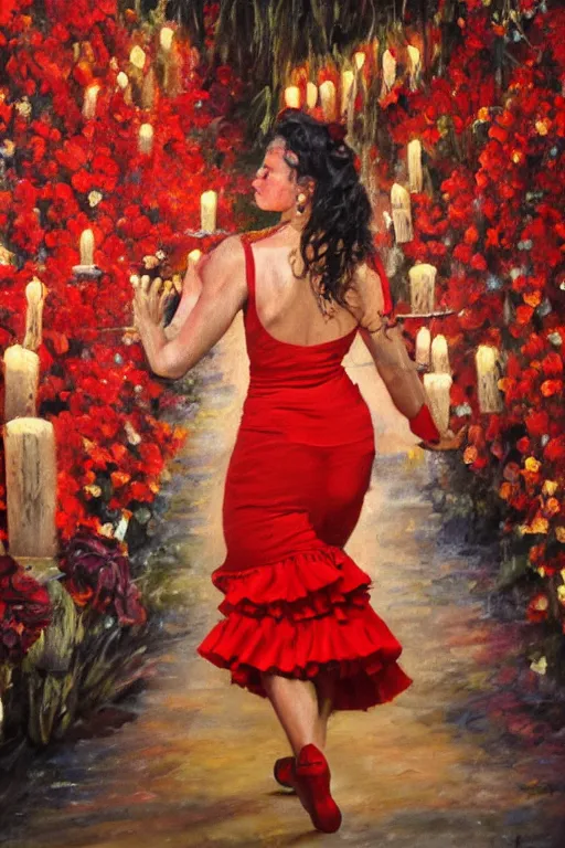 Image similar to vintage detailed oil painting of spanish flamenco dancer in mallorca wearing a red dress made of flowers, dimly lit by candles on the ground, looking away, dark shadows, photo realistic, extreme detail skin, no filter, slr, 4 k, high definition