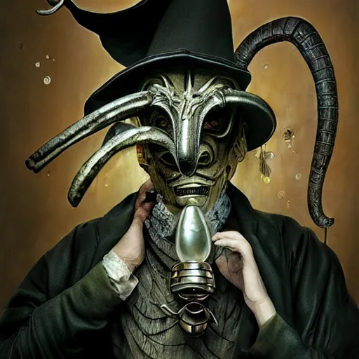 Image similar to sandman god of dreams wearing an plague - doctor mask, delivering dimensional consciousness, by patrick woodroffe, by igor morski, by laurie lipton, cinematic lighting, volumetric lighting, neosurrealism, realistic shadows, rendered in octane, fantasy