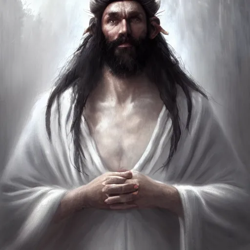 Image similar to a beautiful portrait of an epic fantasy shaman elf man with long black hair a black beard and white robes holding his hands up in praise to his god, oil painting, Greg Rutkowski, Charlie Bowater, white robes, unreal 5, DAZ, hyperrealistic, octane render, RPG portrait, dynamic lighting, fantasy art, beautiful face