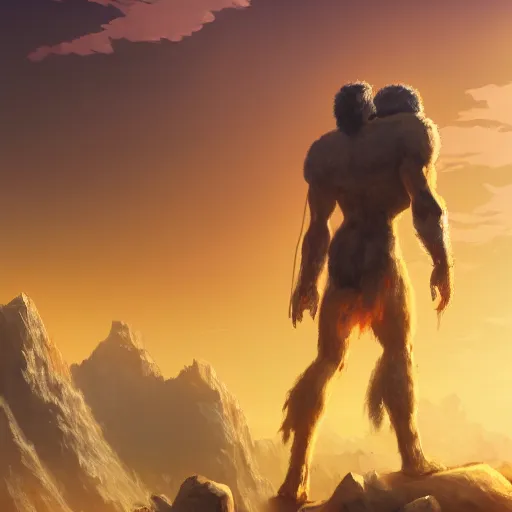 Prompt: a beautiful ultradetailed painting of a colossus giant warrior walking through the edge of the world, golden hour, Albert Bierdstat, Makoto Shinkai, 4k, trending on artstation