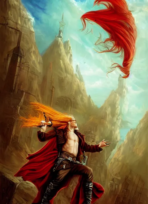 Image similar to epic fantasy portrait painting of a long haired, red headed male sky - pirate in front of an airship in the style of the matrix