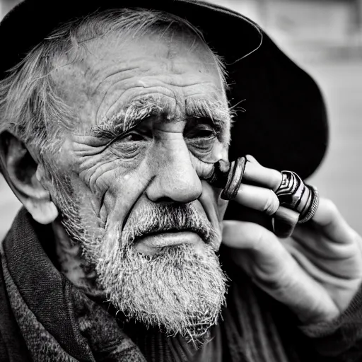 Prompt: close-up of a sad tired old man with a pipe, XF IQ4, 150MP, 50mm, f/1.4, ISO 200, 1/160s, natural light, Adobe Photoshop, Adobe Lightroom, DxO Photolab, Corel PaintShop Pro, rule of thirds, symmetrical balance, depth layering, polarizing filter, Sense of Depth, AI enhanced