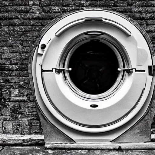 Prompt: An award-winning photo of an ancient washing machine