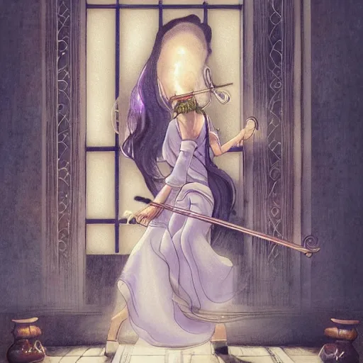 Image similar to beautiful sorceress dressed in a silk dress playing violin inside a japanese mansion, trending on artstation