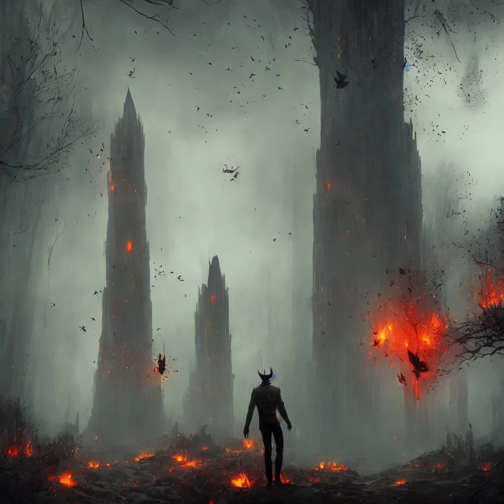 Prompt: devil, scary, magical area, foggy area, by greg rutkowski, sharp focus, man standing, tower, fire, butterflies