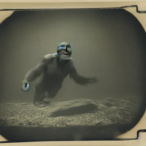 Image similar to tintype photo, bigfoot swimming underwater