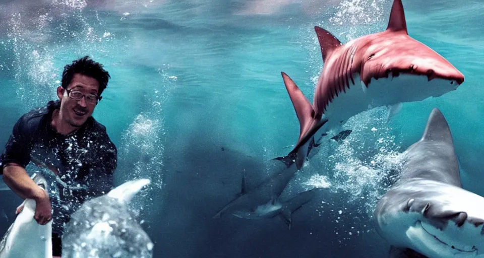 Prompt: Markiplier punching a shark underwater, photograph 4k