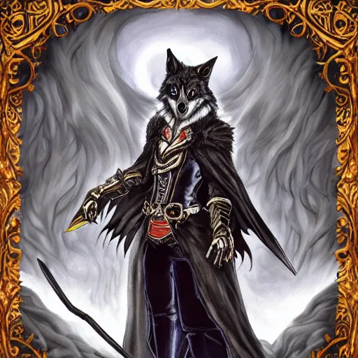 Prompt: a portrait of an anthropomorphic wolf, furry fursona, black cape, long fangs, by ayami kojima, castlevania symphony of the night, correct wolf muzzle, full body, flowing cape